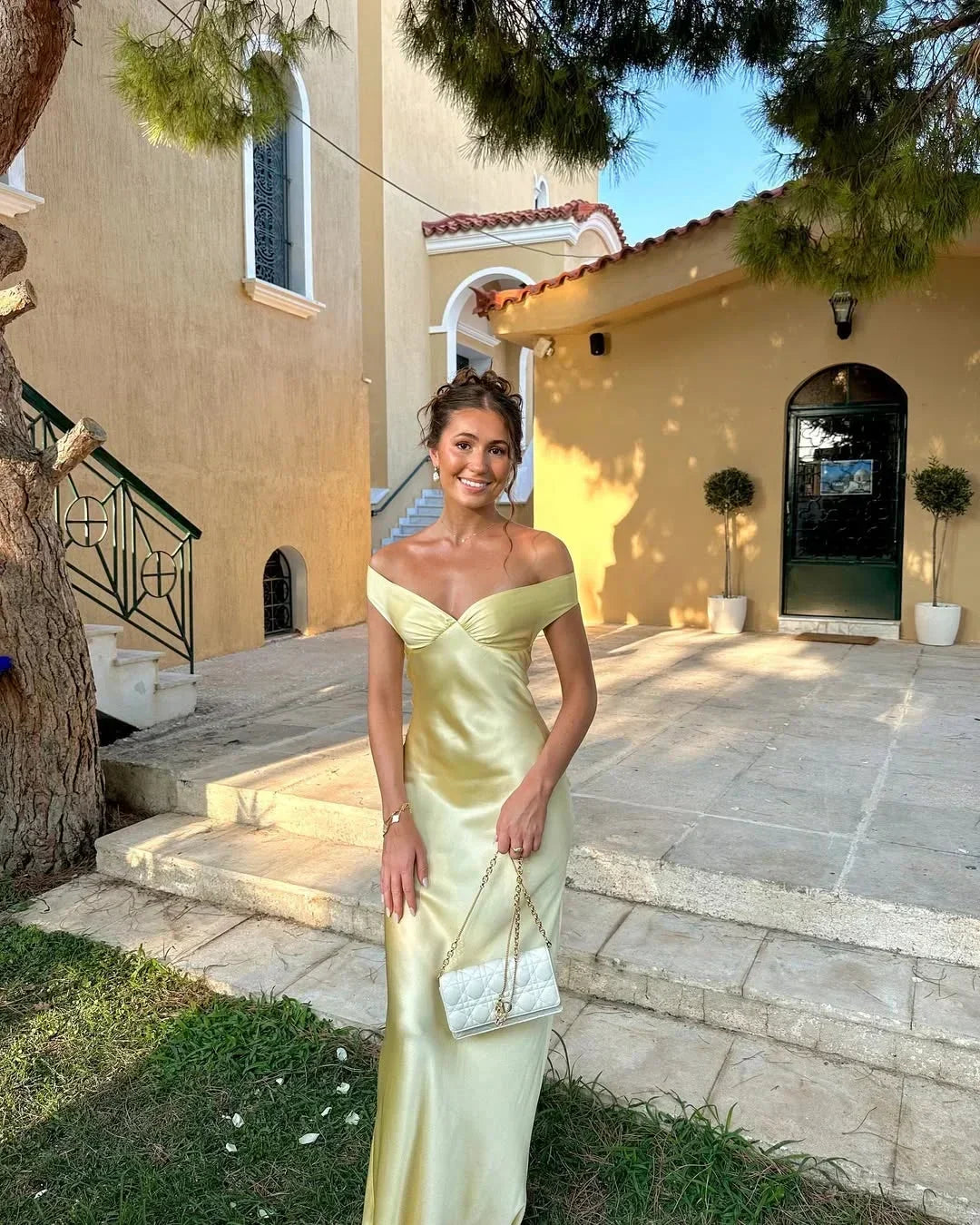 Bronte | Off Shoulder Wedding Guest Satin Maxi Dress