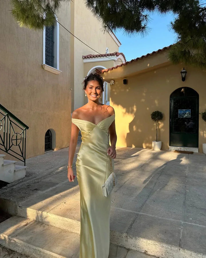 Bronte | Off Shoulder Wedding Guest Satin Maxi Dress