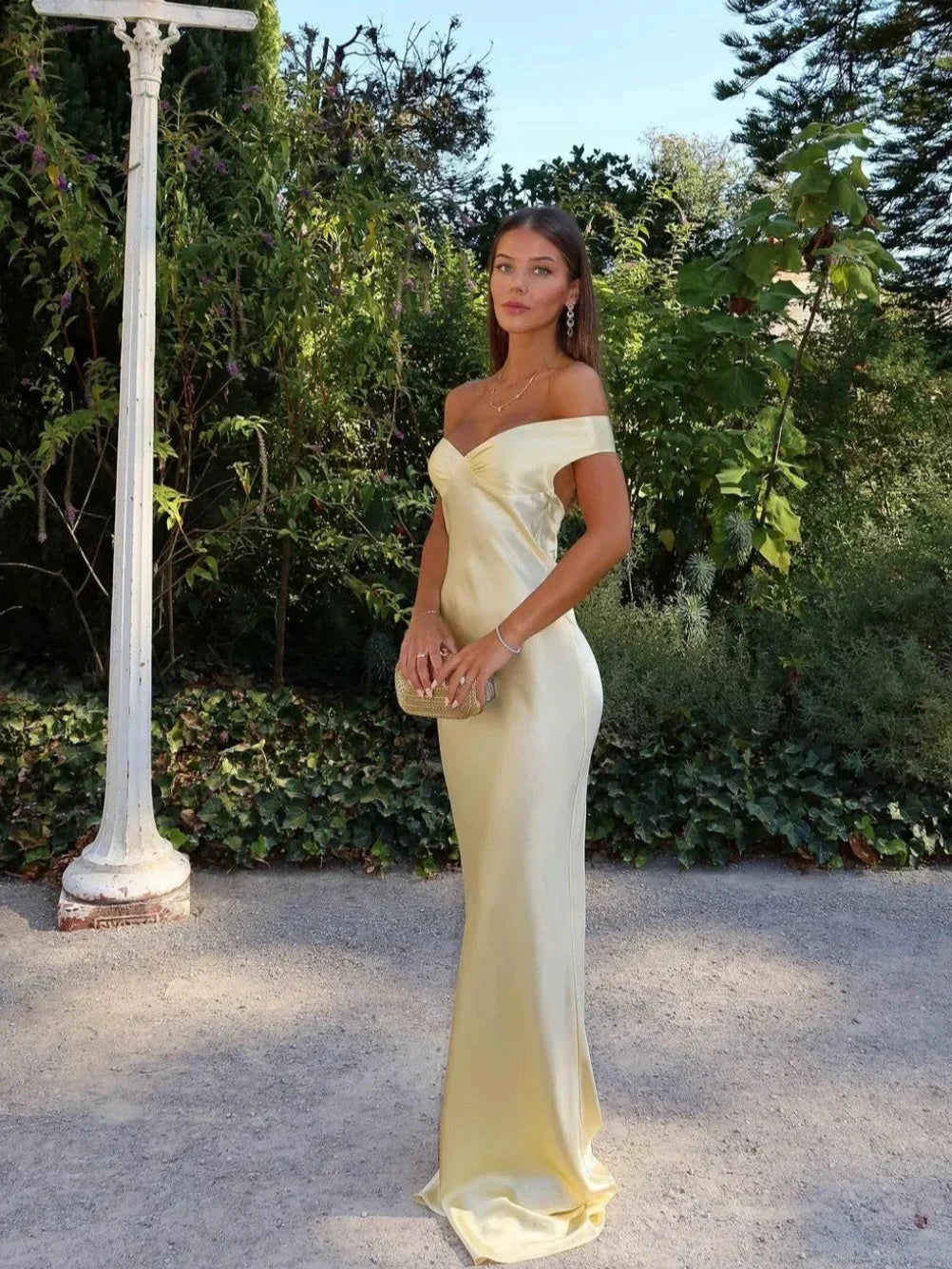Bronte | Off Shoulder Wedding Guest Satin Maxi Dress