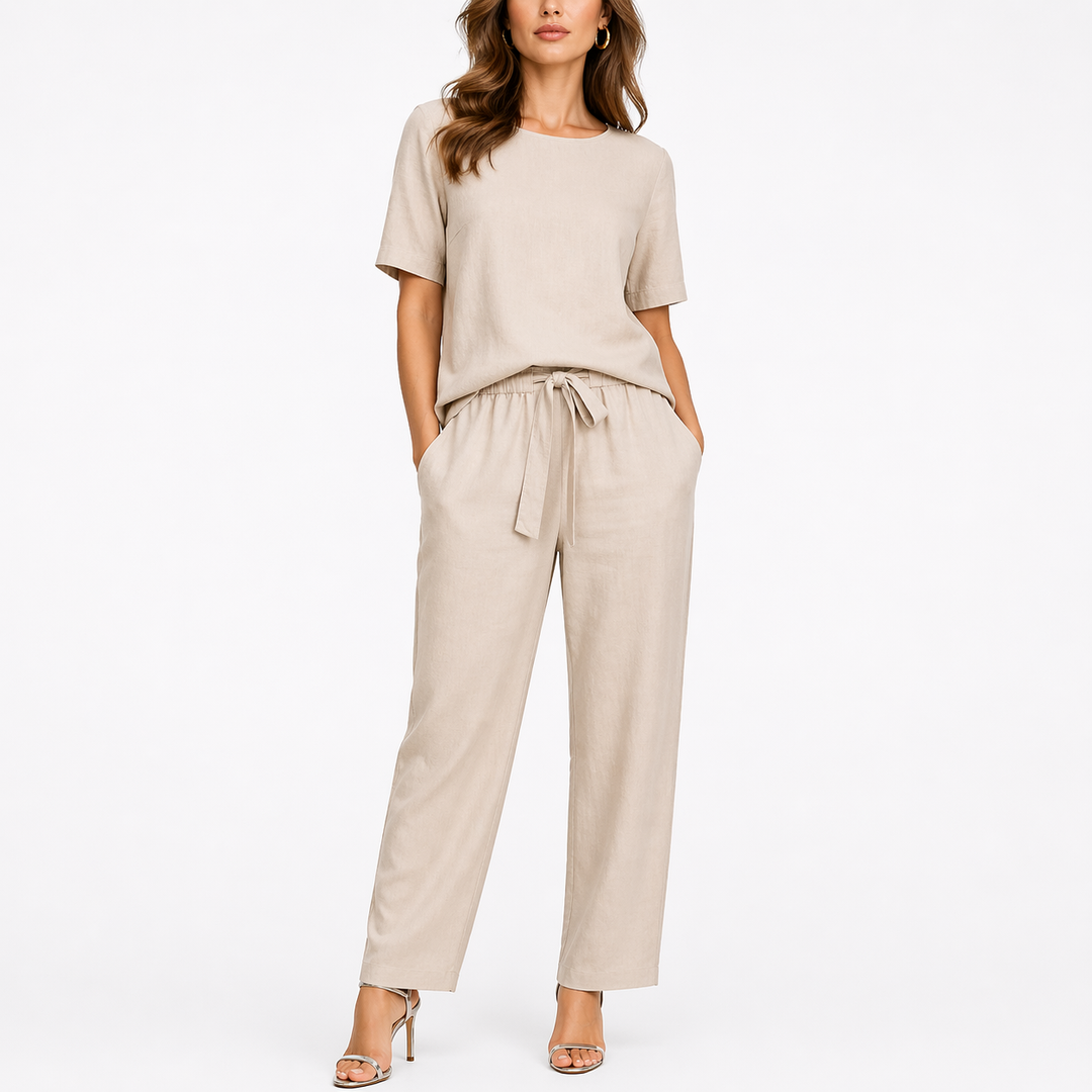 Bronte | Womens Linen Short Sleeve Wide Leg Trouser Set