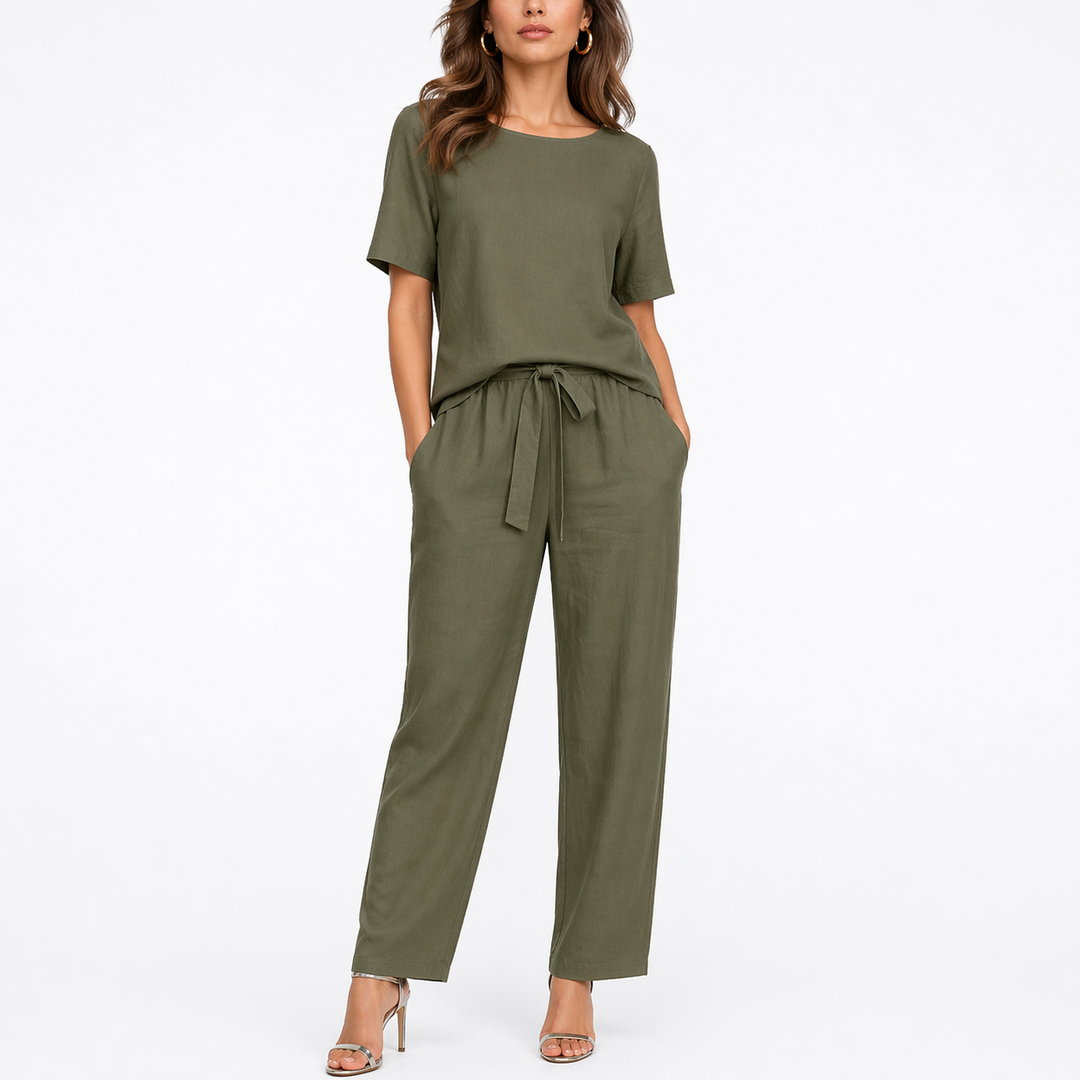 Bronte | Womens Linen Short Sleeve Wide Leg Trouser Set