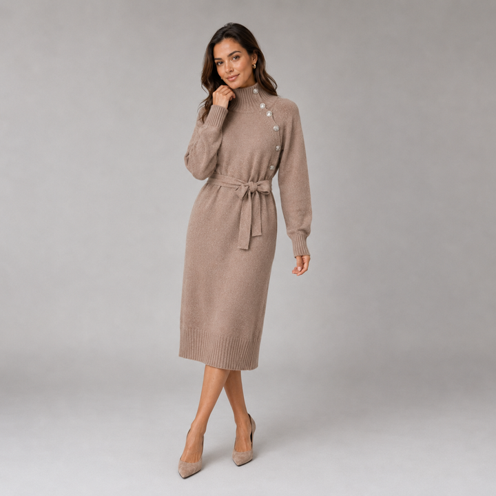Isla | Belted Knit Turtleneck Jumper Dress