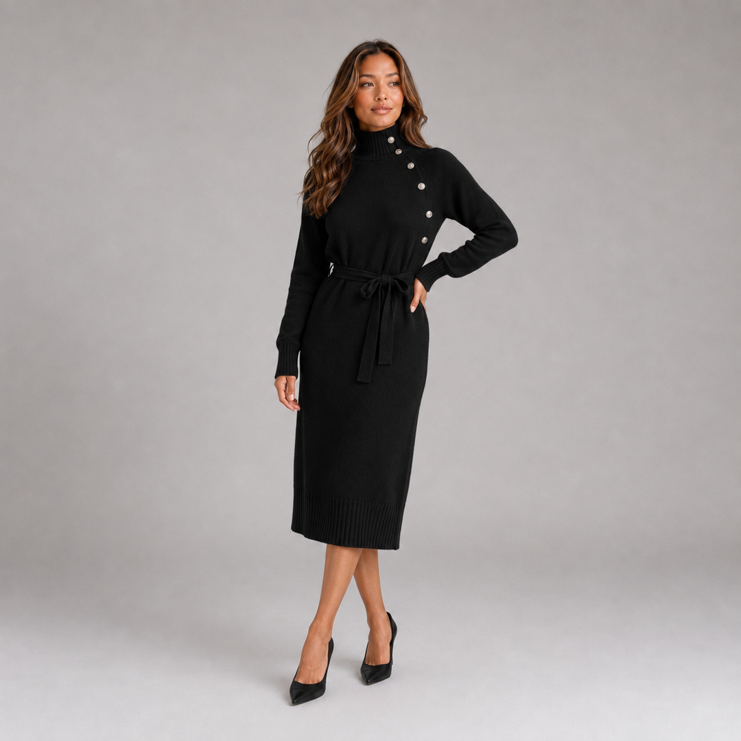 Isla | Belted Knit Turtleneck Jumper Dress