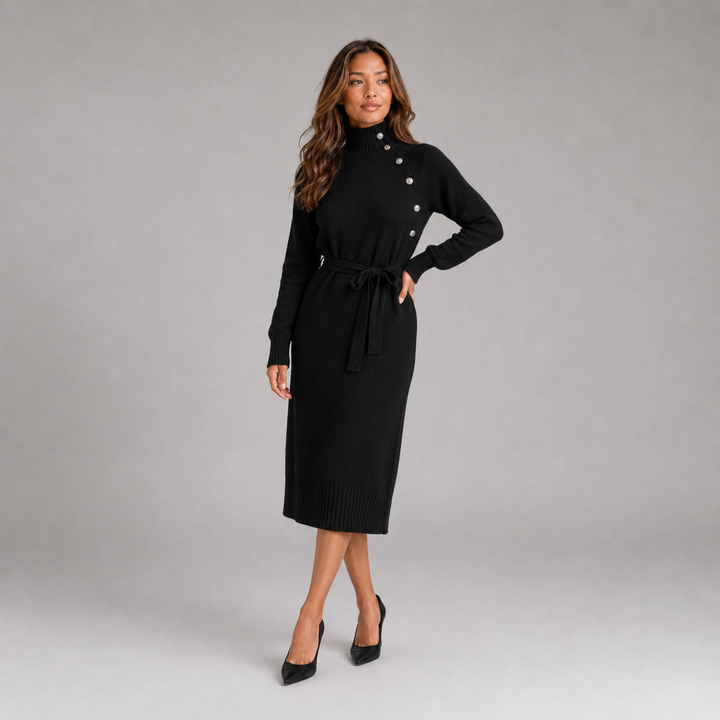 Isla | Belted Knit Turtleneck Jumper Dress