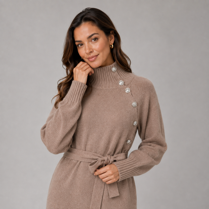 Isla | Belted Knit Turtleneck Jumper Dress