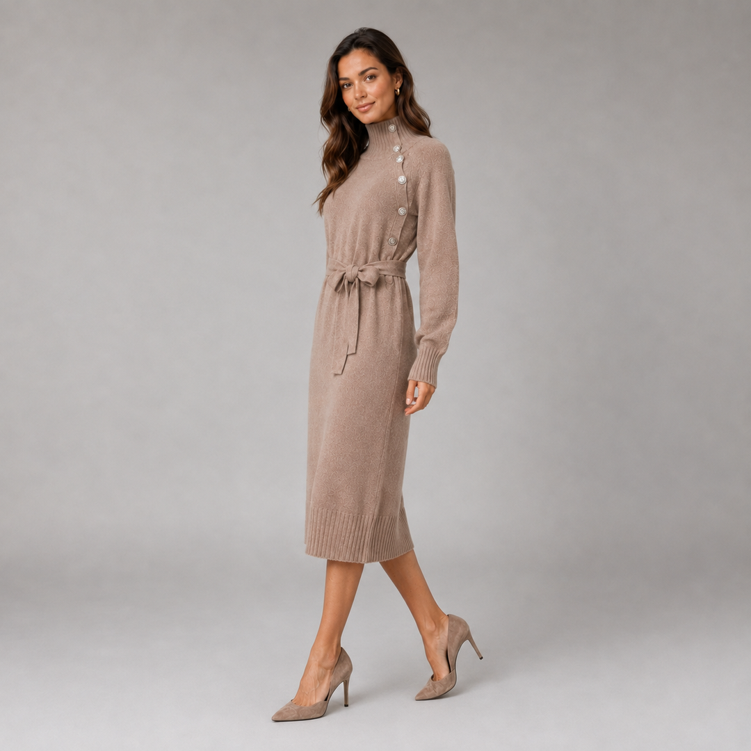 Isla | Belted Knit Turtleneck Jumper Dress