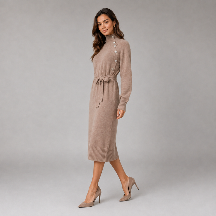 Isla | Belted Knit Turtleneck Jumper Dress