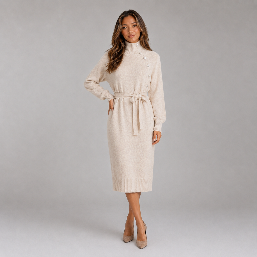 Isla | Belted Knit Turtleneck Jumper Dress