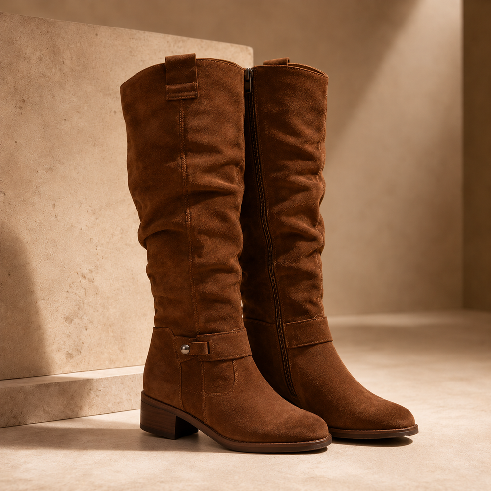 Amelia | Suede Knee High Buckle Boots