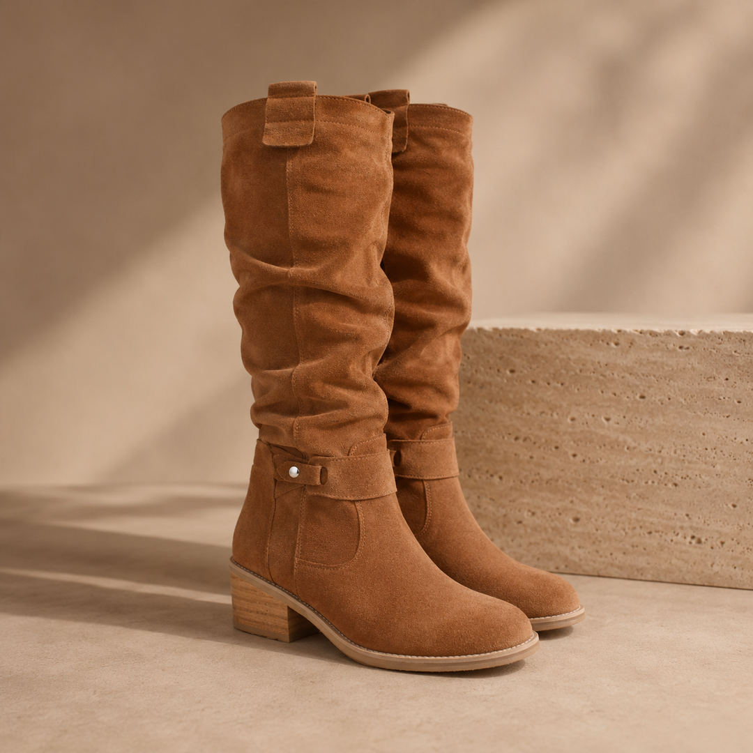 Amelia | Suede Knee High Buckle Boots