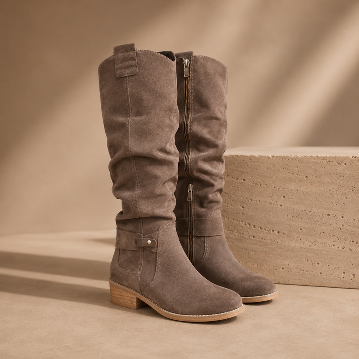 Amelia | Suede Knee High Buckle Boots