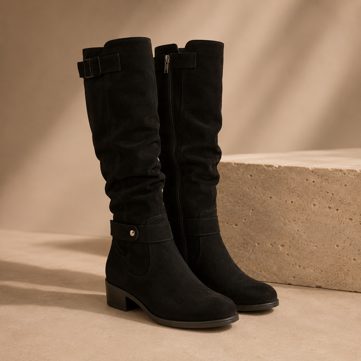 Amelia | Suede Knee High Buckle Boots