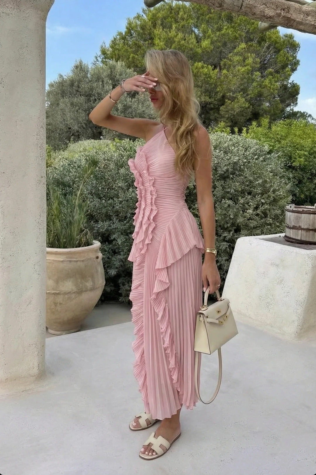 Clemmie | Pink Halter Wedding Guest Maxi Dress