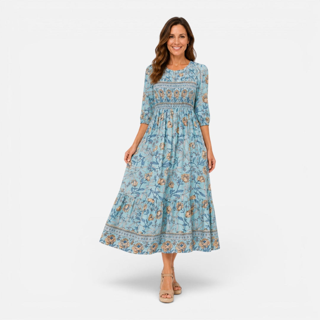 Clemmie | Womens Blue Floral Tiered Summer Midi Dress