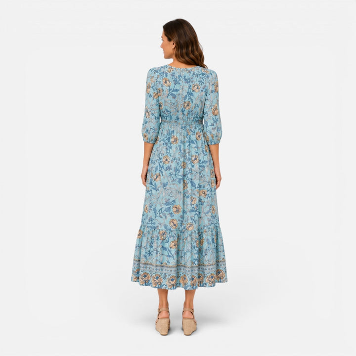 Clemmie | Womens Blue Floral Tiered Summer Midi Dress