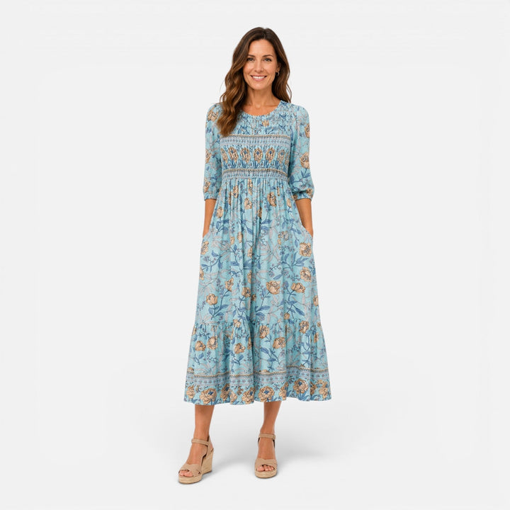 Clemmie | Womens Blue Floral Tiered Summer Midi Dress