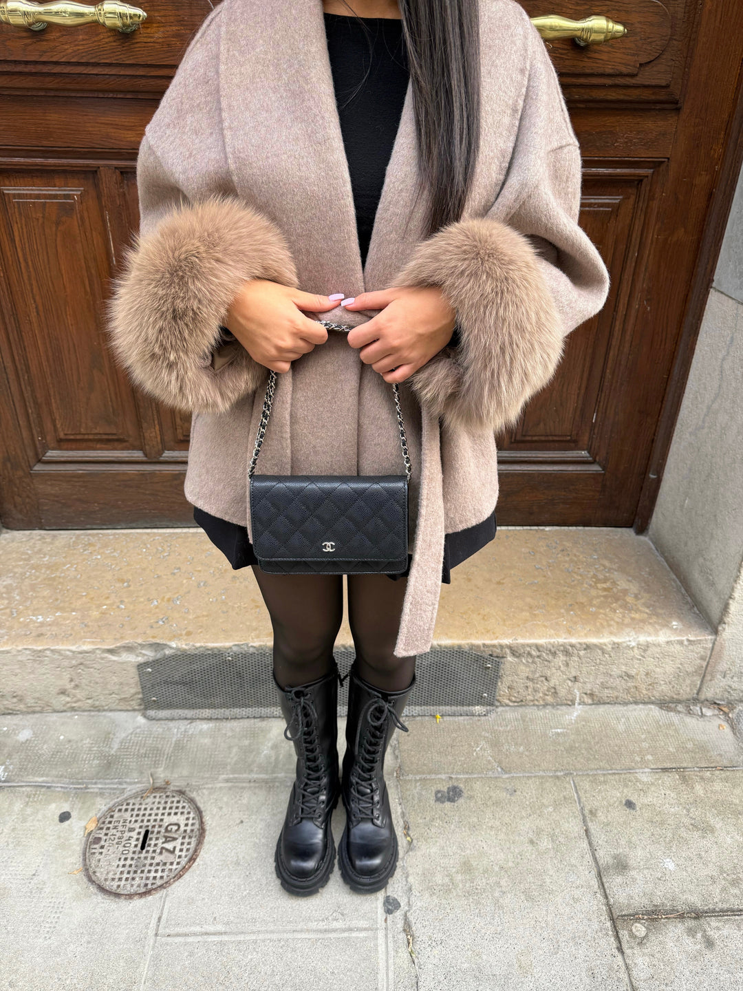 Cleo womens wool blend coat with faux fur cuffs