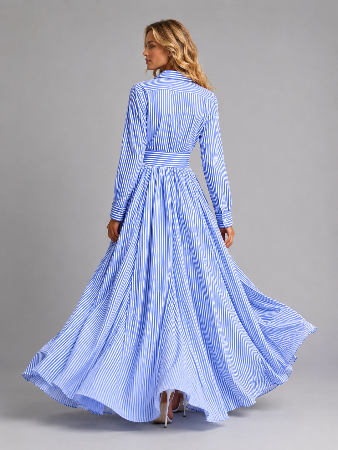 Daisy | Belted Striped Long Sleeve Maxi Shirt Dress
