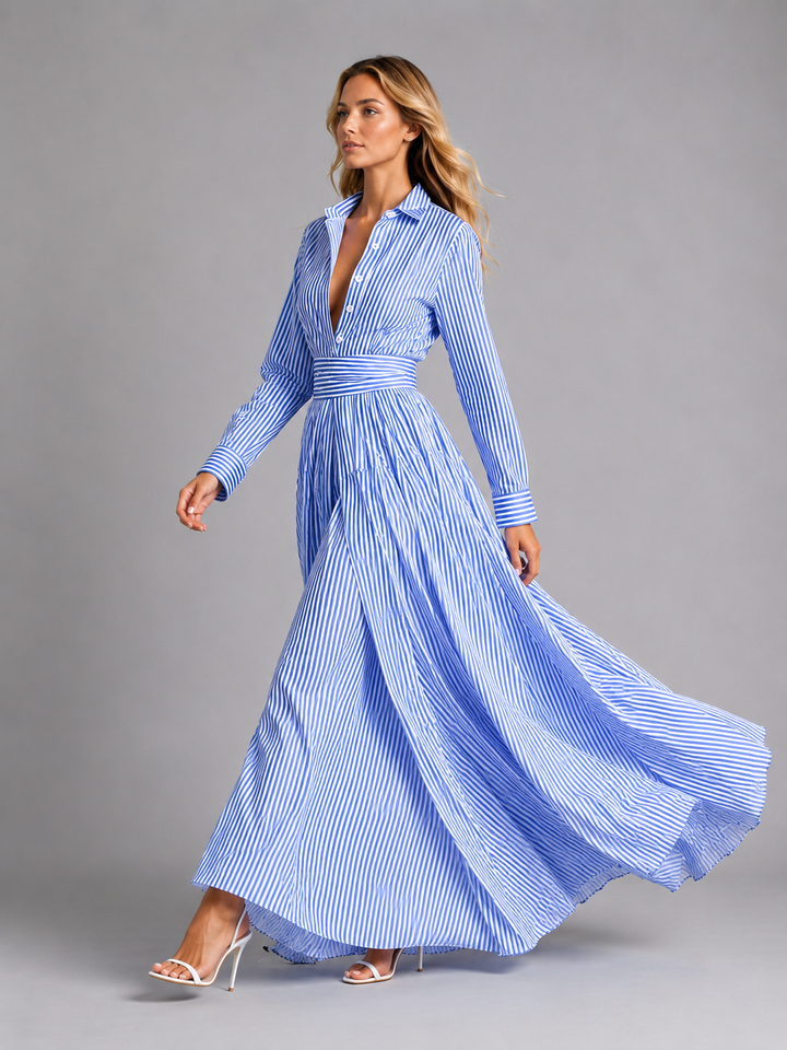 Daisy | Belted Striped Long Sleeve Maxi Shirt Dress