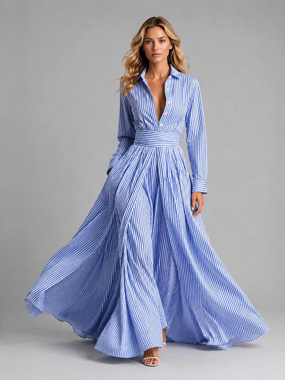 Daisy | Belted Striped Long Sleeve Maxi Shirt Dress