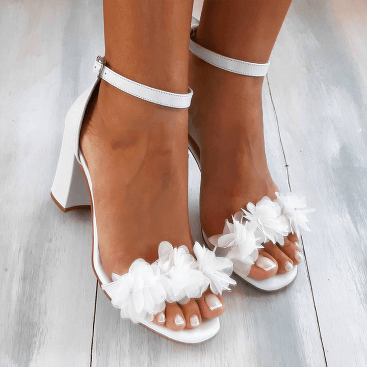 Daisy | White Floral Block Heel Ankle Strap Sandals