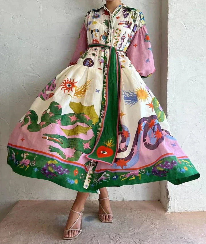 Darcey | Belted Printed Long Sleeve Maxi Shirt Dress