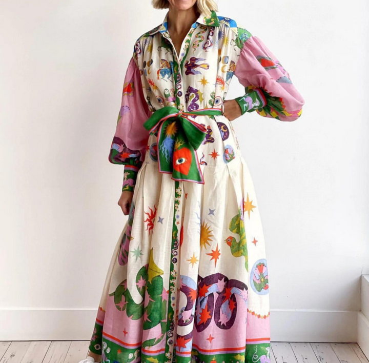 Darcey | Belted Printed Long Sleeve Maxi Shirt Dress