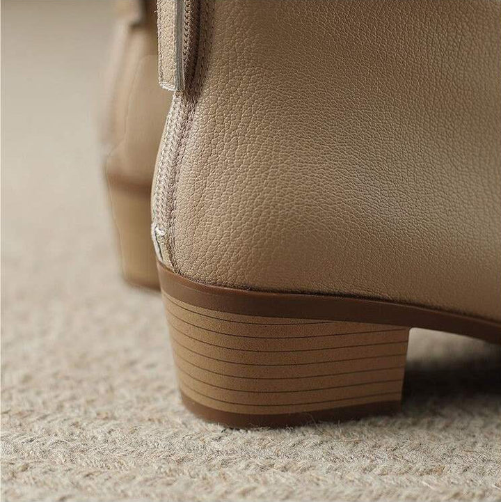 Maisie | Pointed Toe V Cut Shaft Block Heel Leather Ankle Boots
