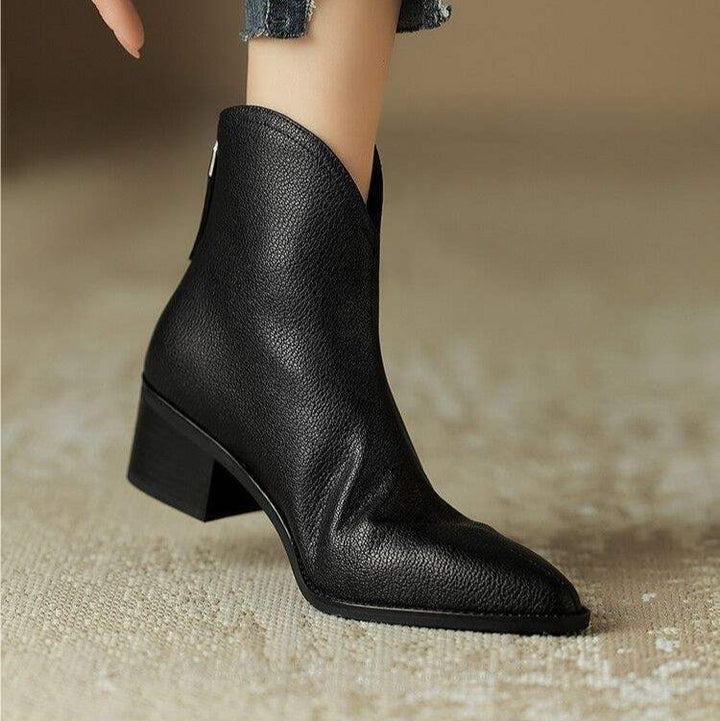Maisie | Pointed Toe V Cut Shaft Block Heel Leather Ankle Boots