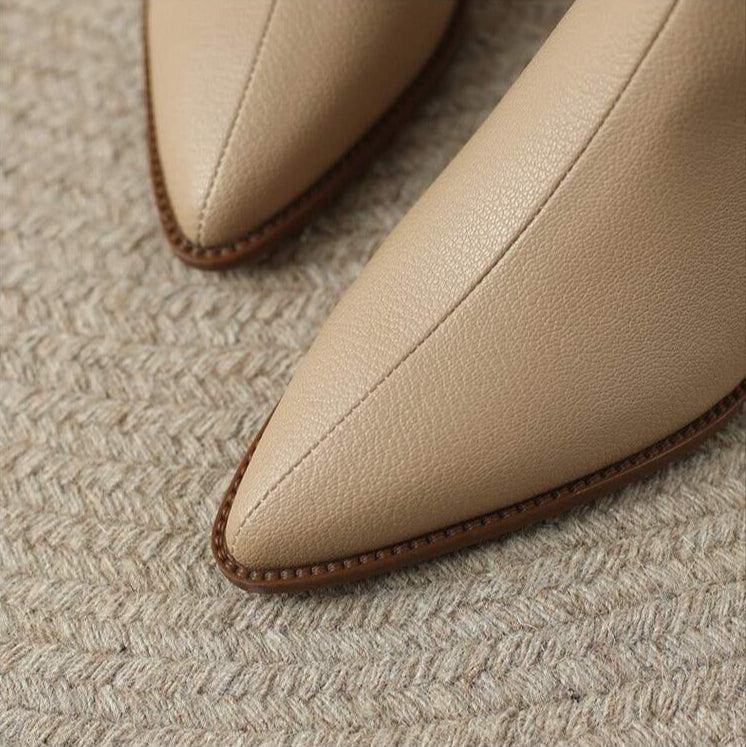 Maisie | Pointed Toe V Cut Shaft Block Heel Leather Ankle Boots