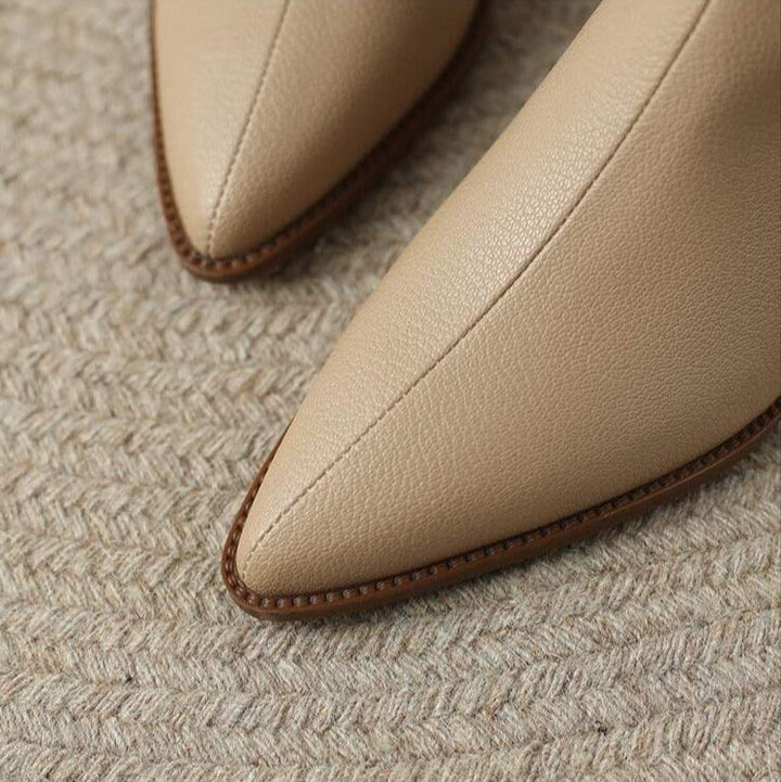 Maisie | Pointed Toe V Cut Shaft Block Heel Leather Ankle Boots