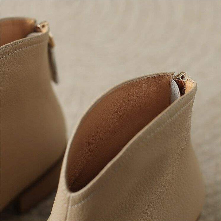 Maisie | Pointed Toe V Cut Shaft Block Heel Leather Ankle Boots