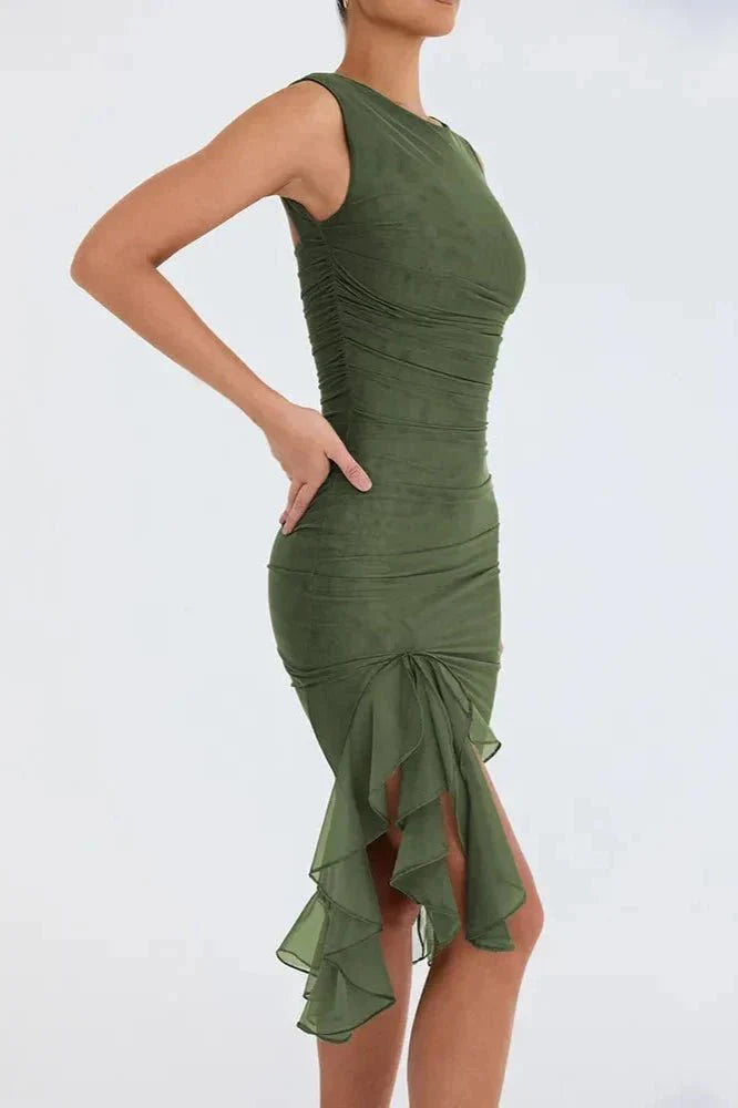 Effie | Sleeveless Cowl Neck Mesh Midi Party Dress