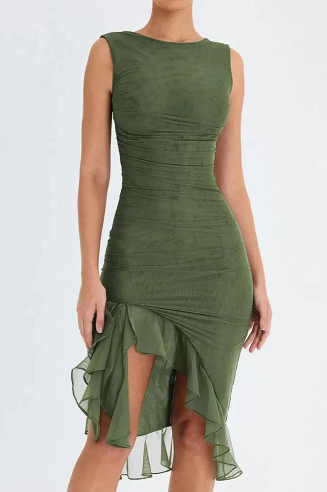 Effie | Sleeveless Cowl Neck Mesh Midi Party Dress