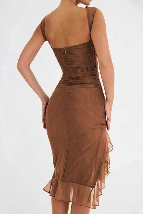 Effie | Sleeveless Cowl Neck Mesh Midi Party Dress