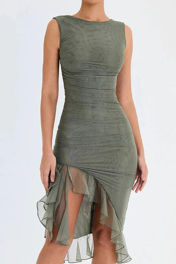 Effie | Sleeveless Cowl Neck Mesh Midi Party Dress