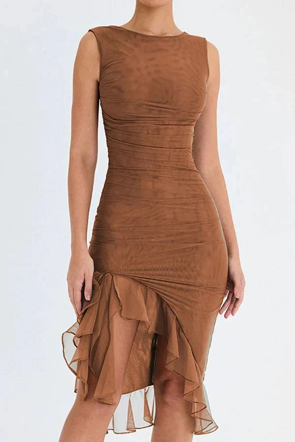 Effie | Sleeveless Cowl Neck Mesh Midi Party Dress