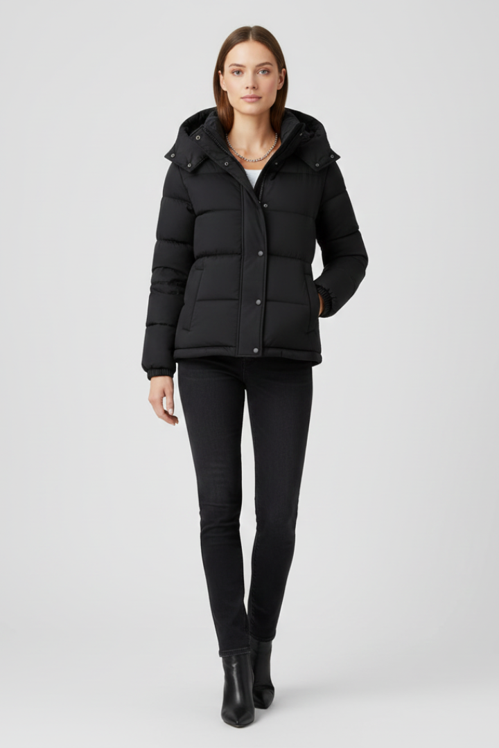 Effie | Womens Black Hooded Fitted Puffer Jacket