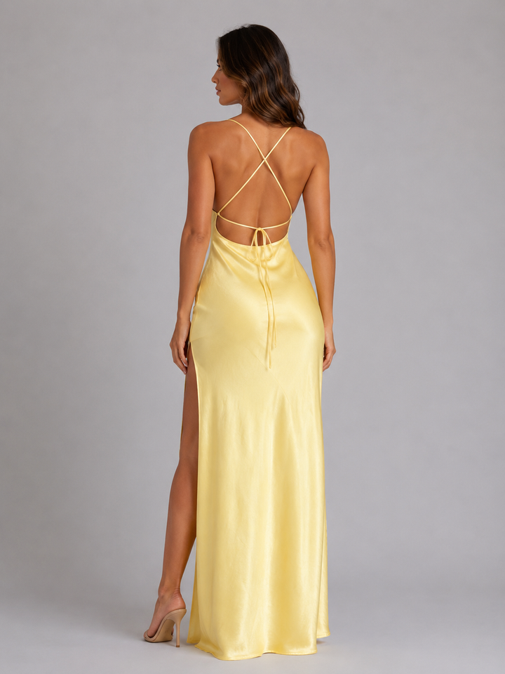 Elsie | Wedding Guest Halter Satin Maxi Dress