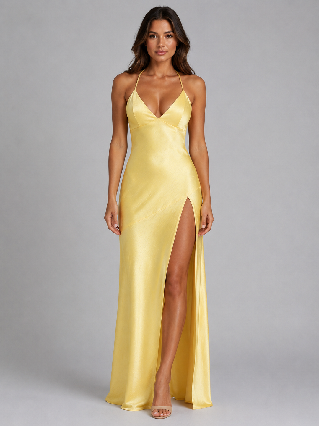 Elsie | Wedding Guest Halter Satin Maxi Dress