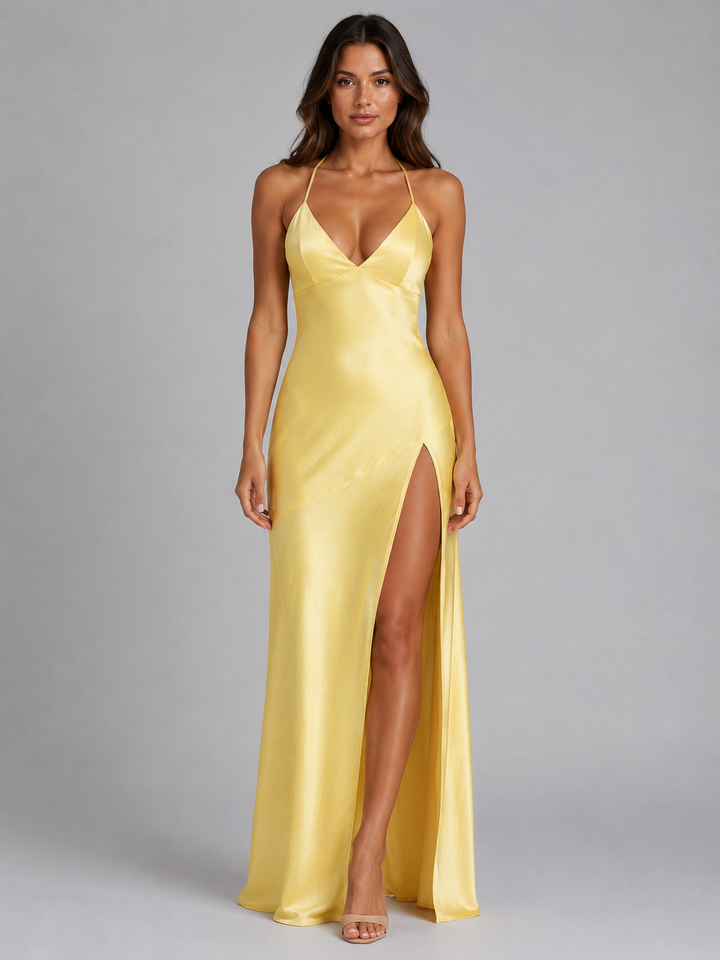 Elsie | Wedding Guest Halter Satin Maxi Dress