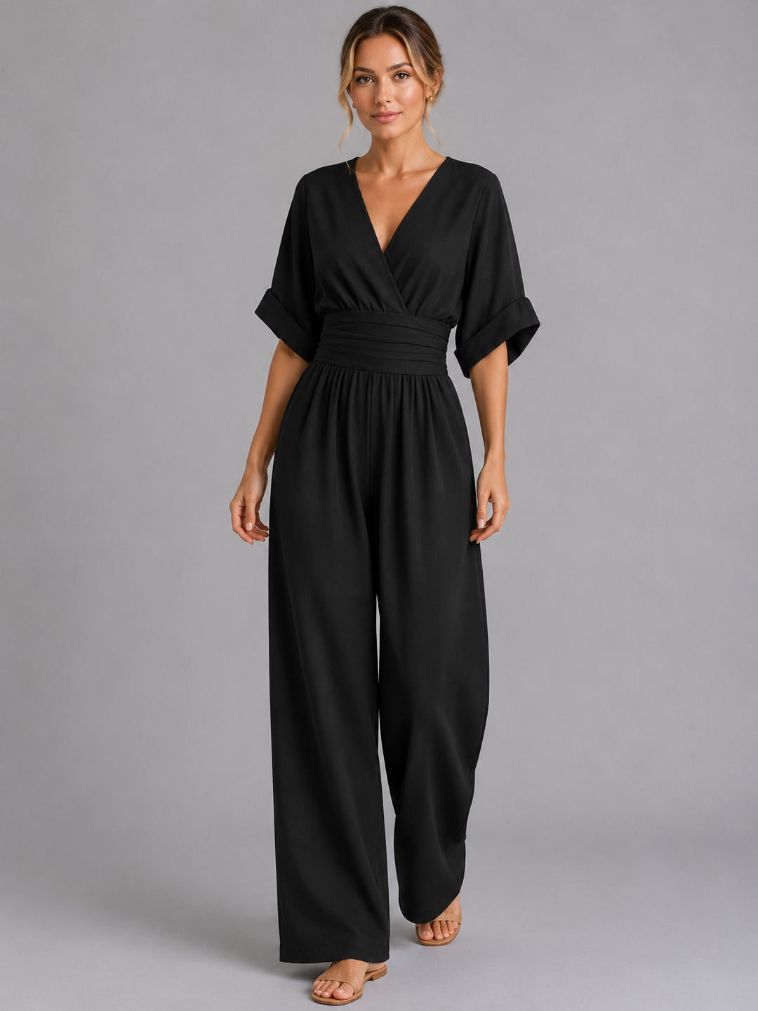 Evie | Dressy Wedding Party Wear Wide Leg Wrap Jumpsuit