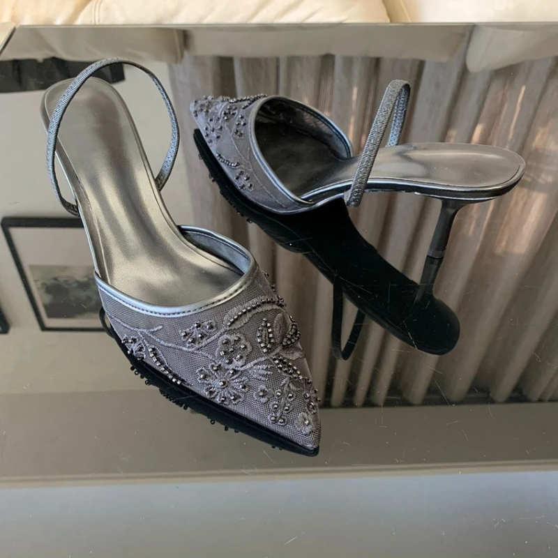 Evie | Floral Mesh Pointed Toe Slingback Kitten Heels