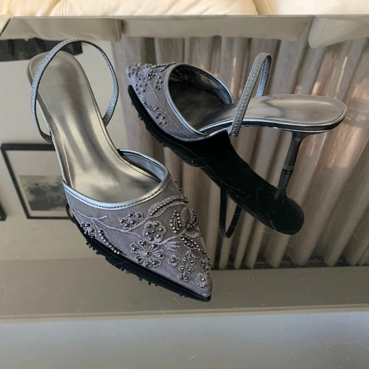 Evie | Floral Mesh Pointed Toe Slingback Kitten Heels