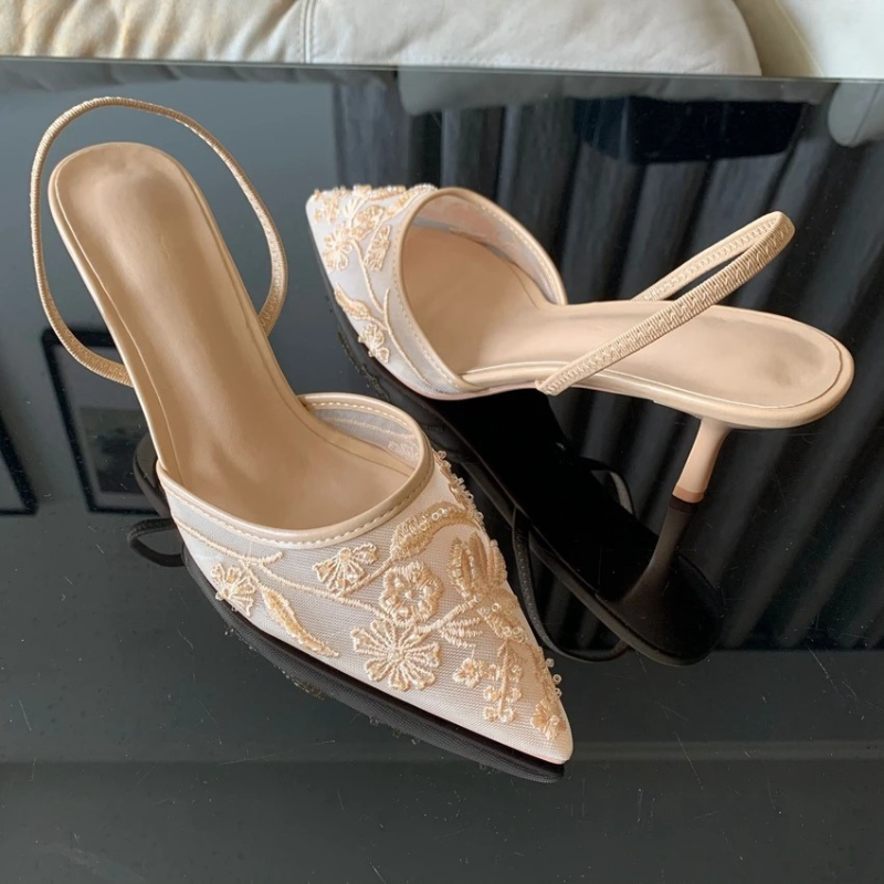Evie | Floral Mesh Pointed Toe Slingback Kitten Heels