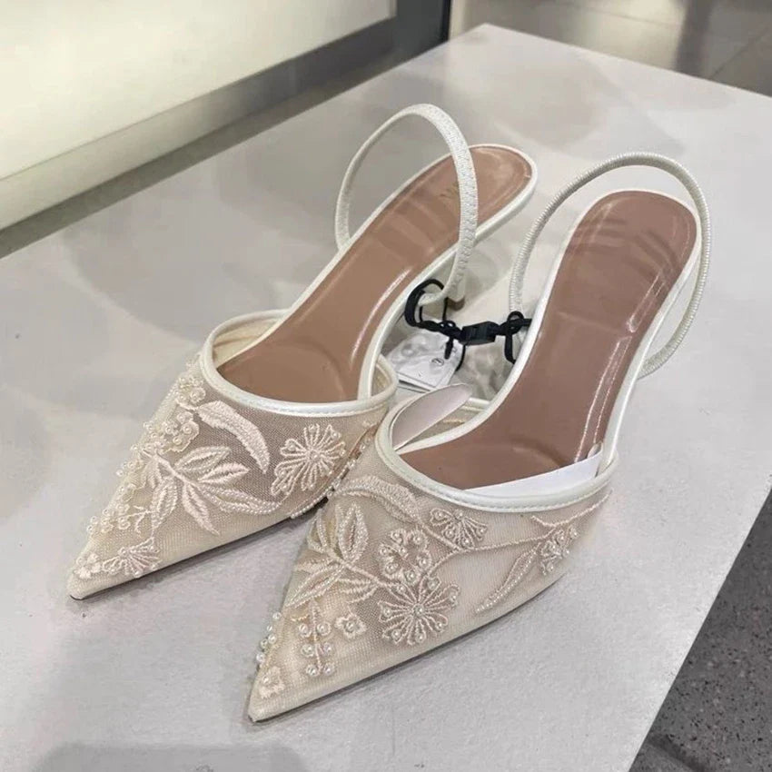 Evie | Floral Mesh Pointed Toe Slingback Kitten Heels