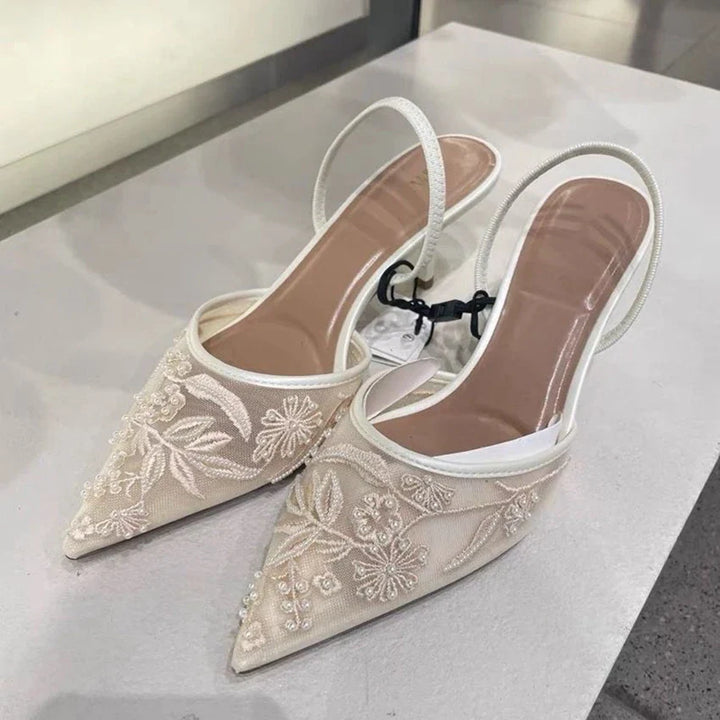 Evie | Floral Mesh Pointed Toe Slingback Kitten Heels