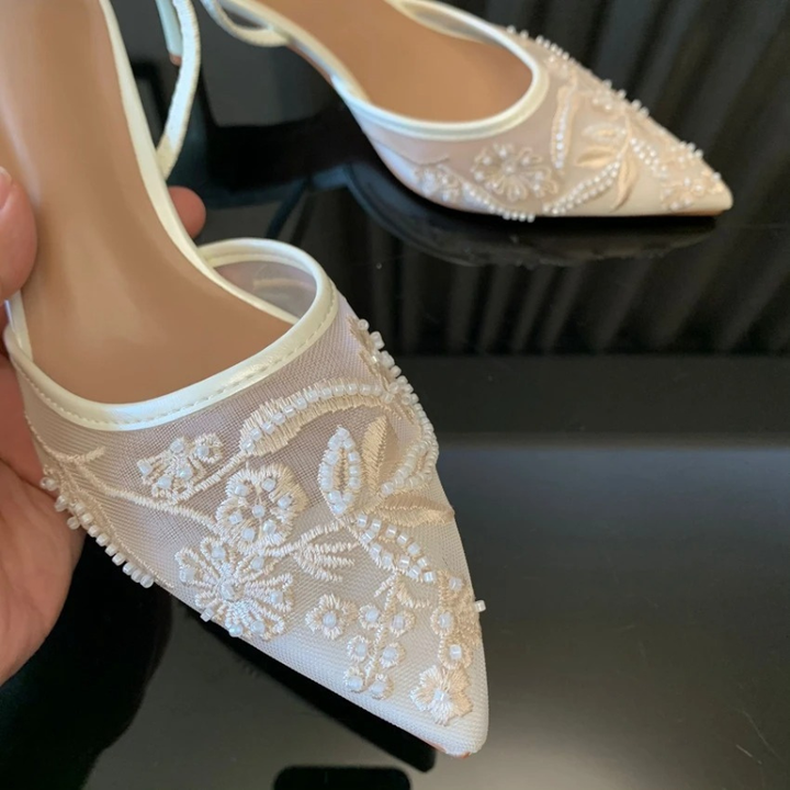 Evie | Floral Mesh Pointed Toe Slingback Kitten Heels