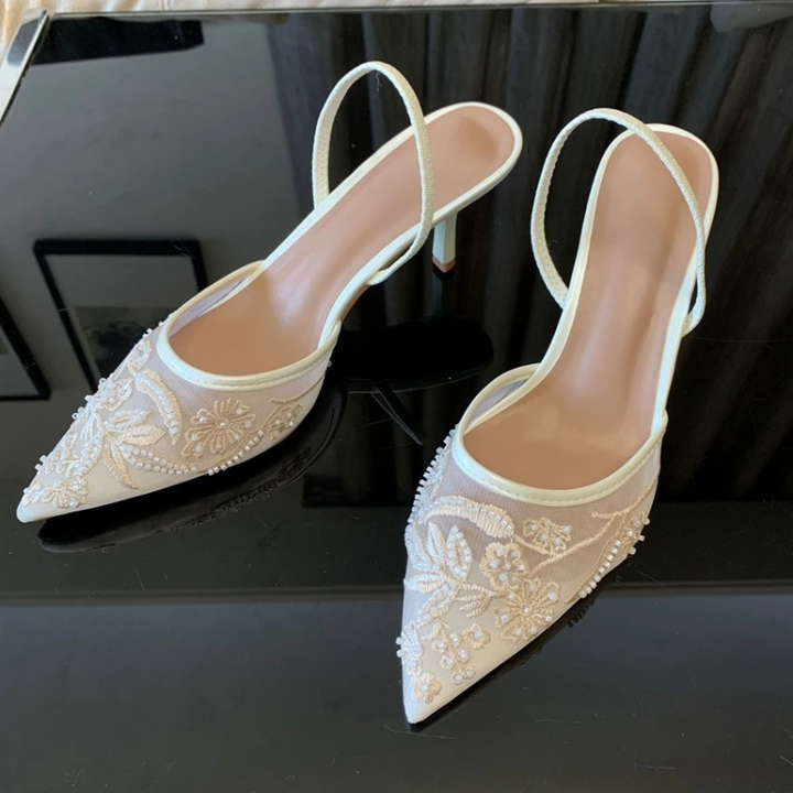 Evie | Floral Mesh Pointed Toe Slingback Kitten Heels