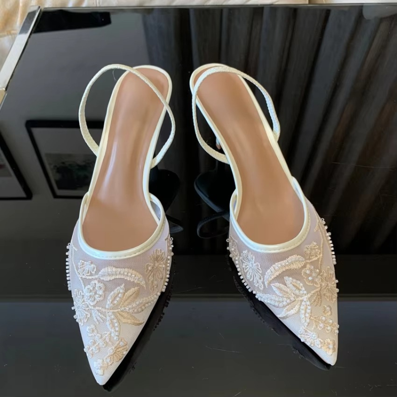 Evie | Floral Mesh Pointed Toe Slingback Kitten Heels